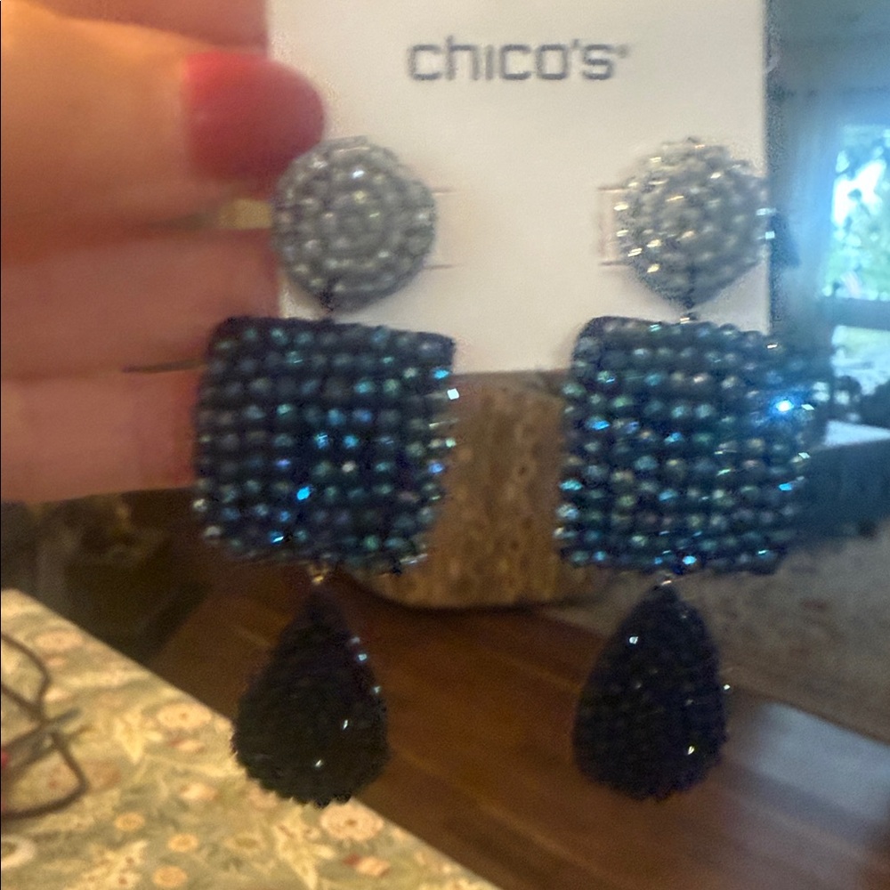 Chico's Navy and Silver Beaded Drop Earrings